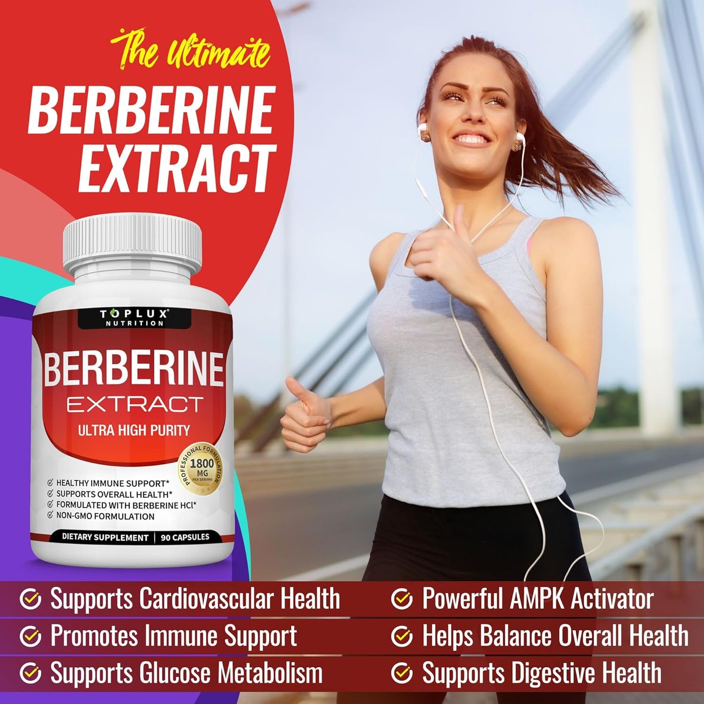 Berberine Supplement 1800mg - Berberine HCL 97% Tested Ultra High Purity Premium Berberine Extract to Support Overall Health, High Potency Berberine Plus Non-GMO Vegan Men Women, 90 Capsules