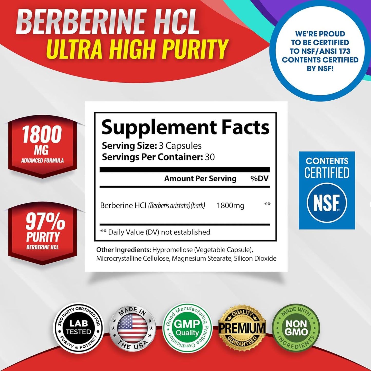 Berberine Supplement 1800mg - Berberine HCL 97% Tested Ultra High Purity Premium Berberine Extract to Support Overall Health, High Potency Berberine Plus Non-GMO Vegan Men Women, 90 Capsules