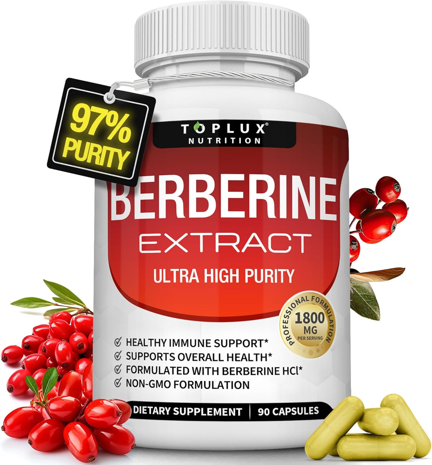 Berberine Supplement 1800mg - Berberine HCL 97% Tested Ultra High Purity Premium Berberine Extract to Support Overall Health, High Potency Berberine Plus Non-GMO Vegan Men Women, 90 Capsules