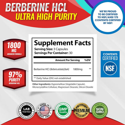 Berberine Supplement 1800mg - Berberine HCL 97% Tested Ultra High Purity Premium Berberine Extract to Support Overall Health, High Potency Berberine Plus Non-GMO Vegan Men Women, 90 Capsules