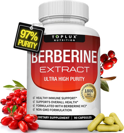 Berberine Supplement 1800mg - Berberine HCL 97% Tested Ultra High Purity Premium Berberine Extract to Support Overall Health, High Potency Berberine Plus Non-GMO Vegan Men Women, 90 Capsules